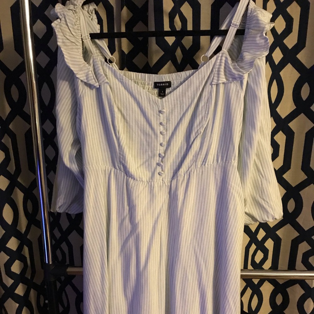 Knee Length White and Blue Striped Dress